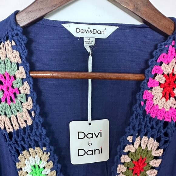 Davi & Dani NWT Navy Beach Cover-Up Sz M Crochet Trim Boho Resortwear - Picture 8 of 10